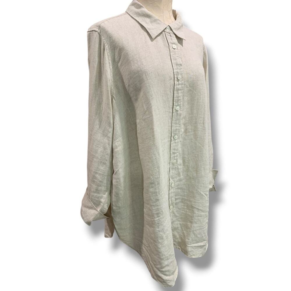 Size 2X Talbots Woman Natural Linen Button Up Shirt Tan